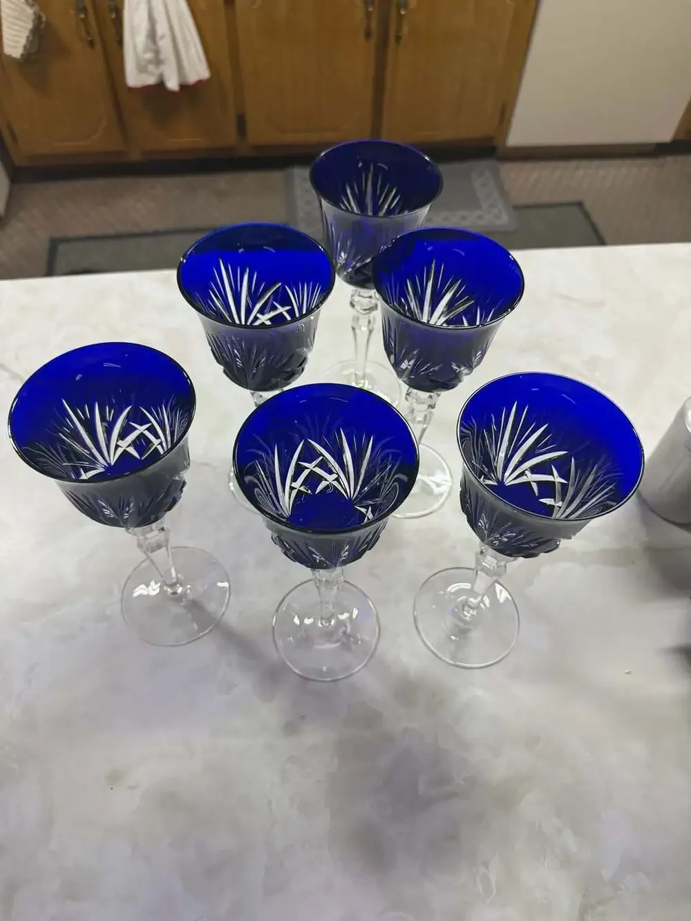 Vintage Gorham Crystal Cherrywood Cobalt Blue Cut-to-Clear Hock Wine Glasses Set